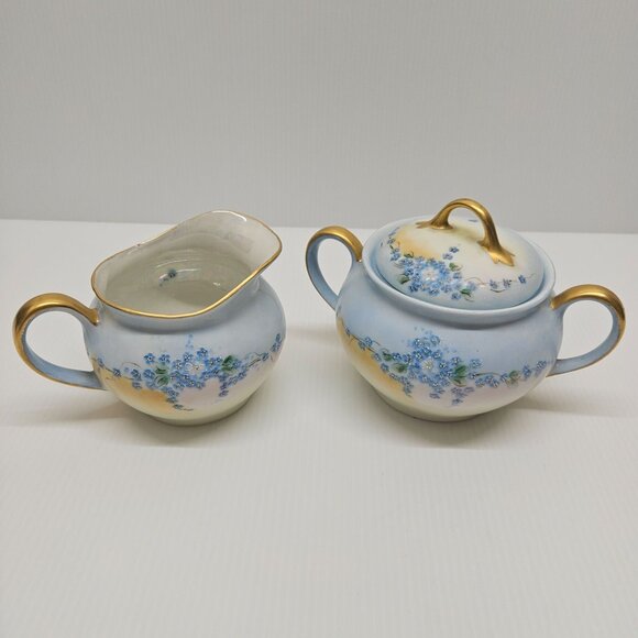 Vintage Bavaria Hand Painted Porcelain Blue Flowers Creamer & Lidded Sugar Bowl - Picture 3 of 8